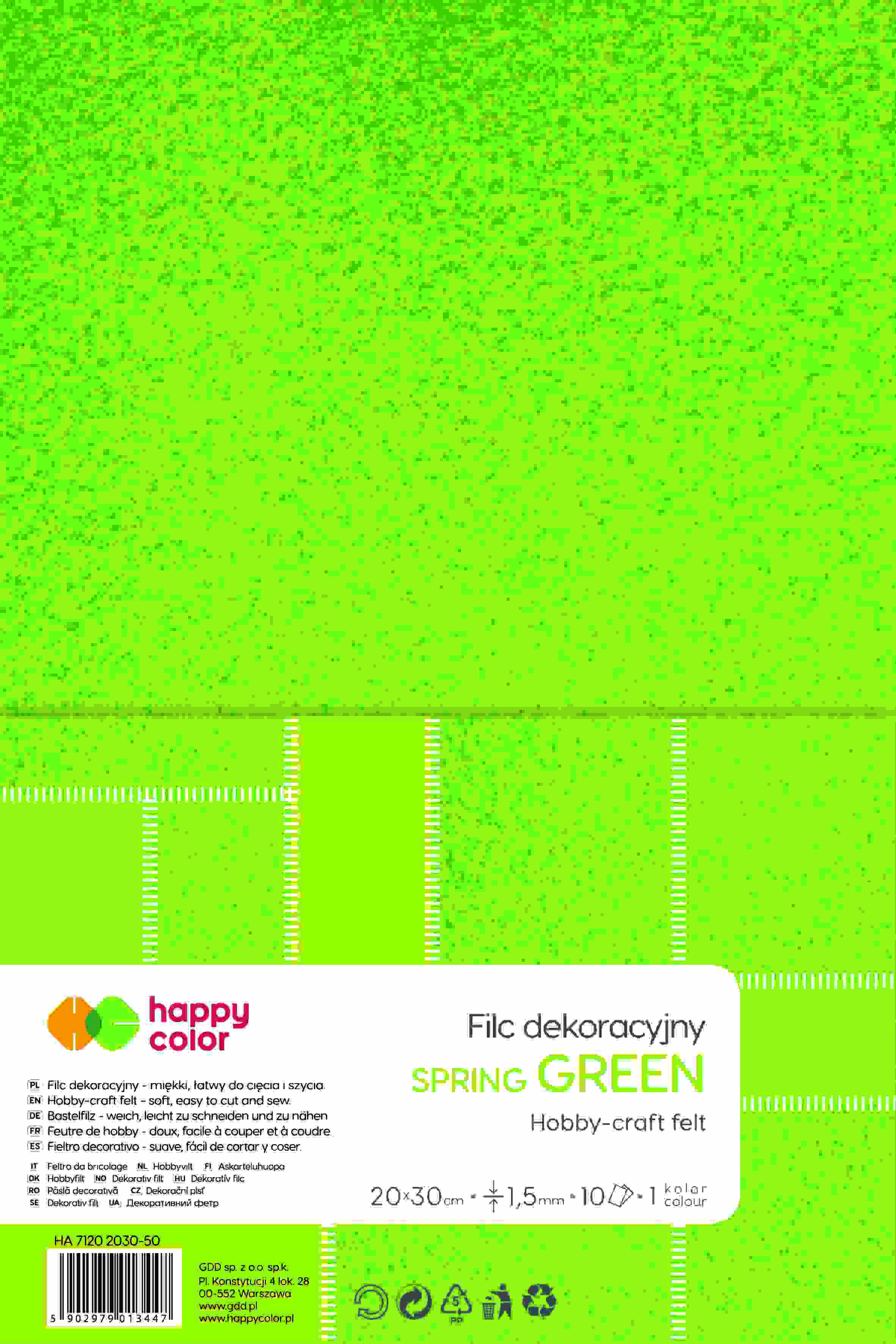Filc dekoracyjny 20x30cm 1,5mm 10 ark. j.zielony Happy Color