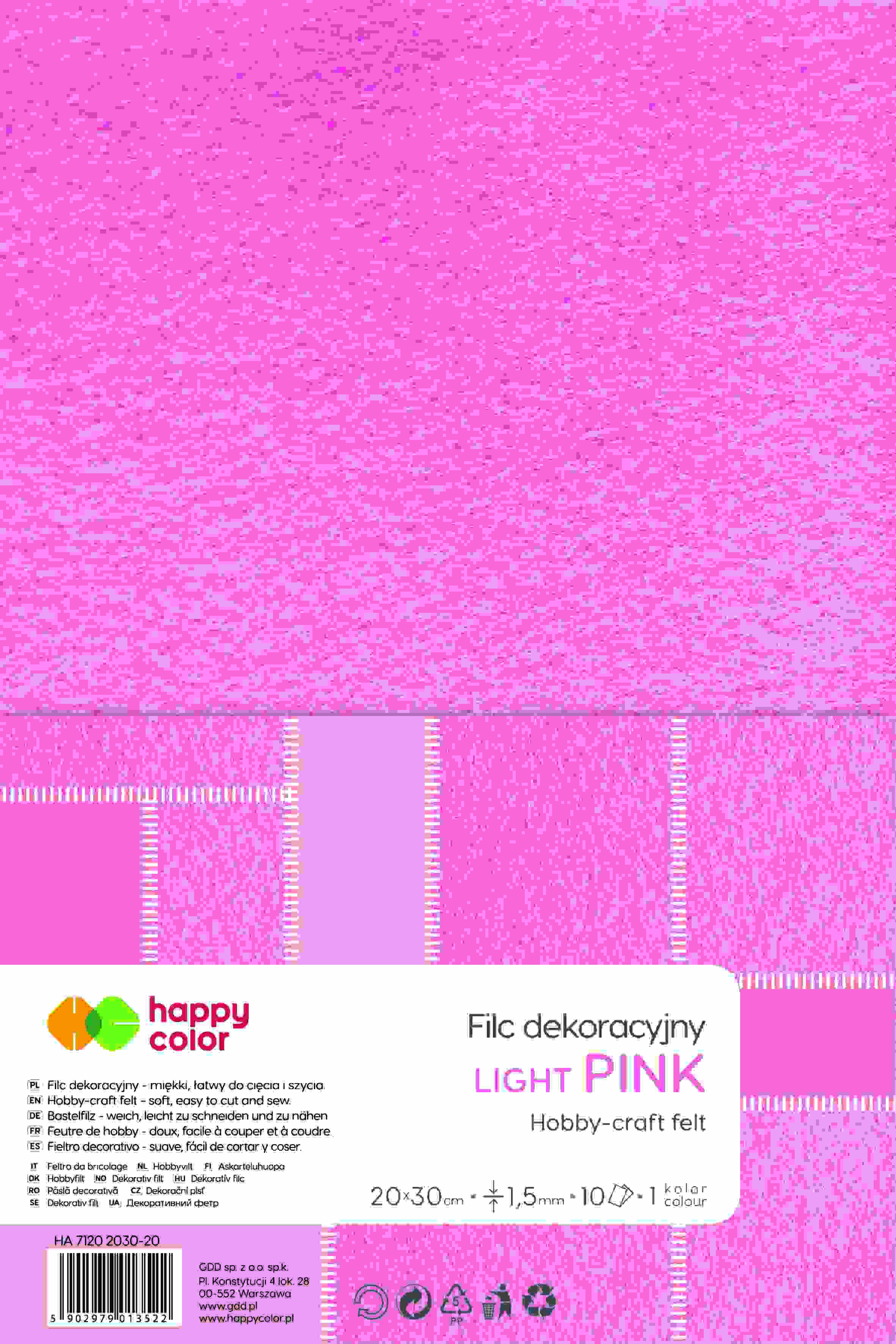 Filc dekoracyjny 20x30 cm 1,5mm 10 ark. jasnoróżowy, Happy Color