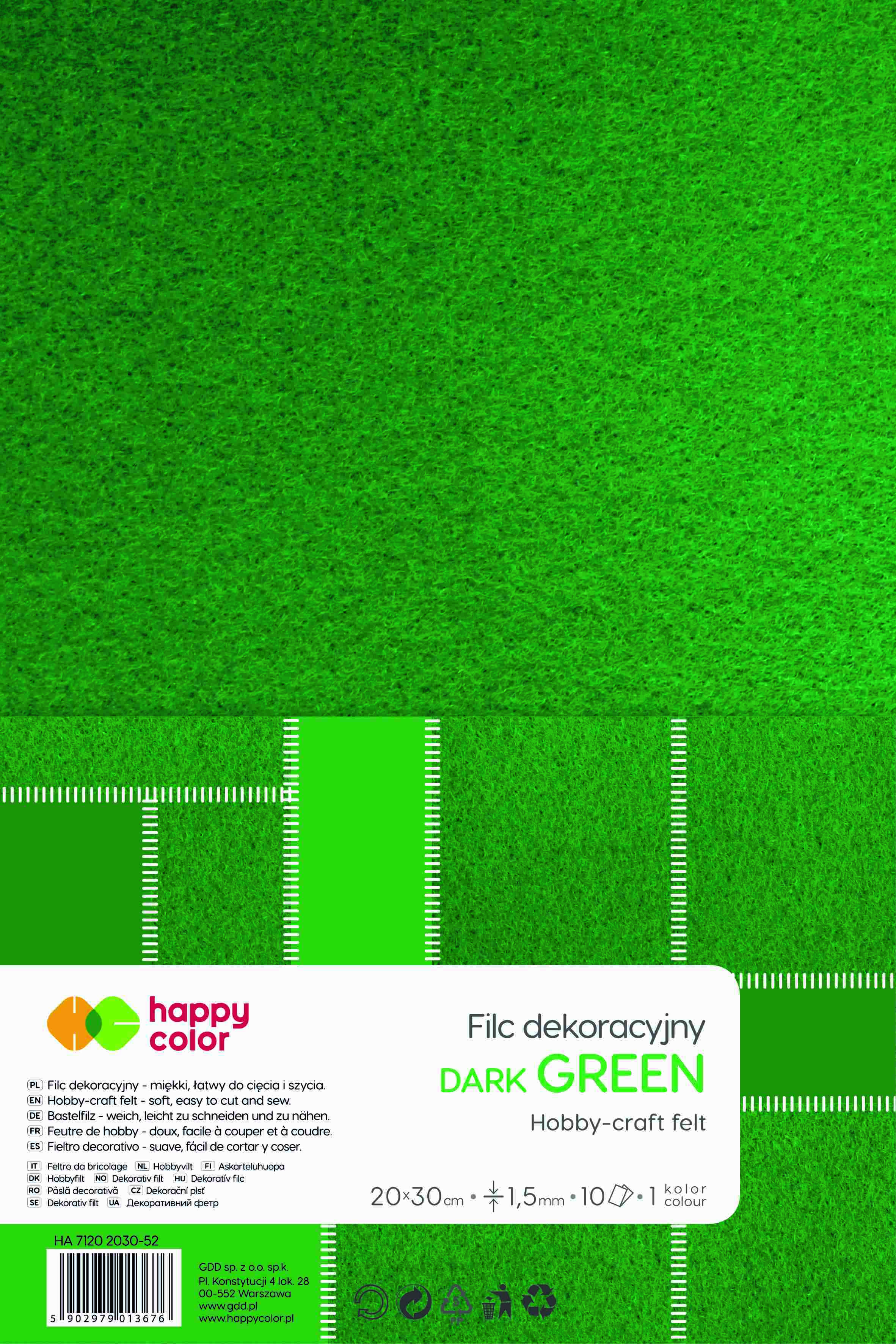 Filc dekoracyjny 20x30cm 1,5mm 10 ark. c.zielony Happy Color