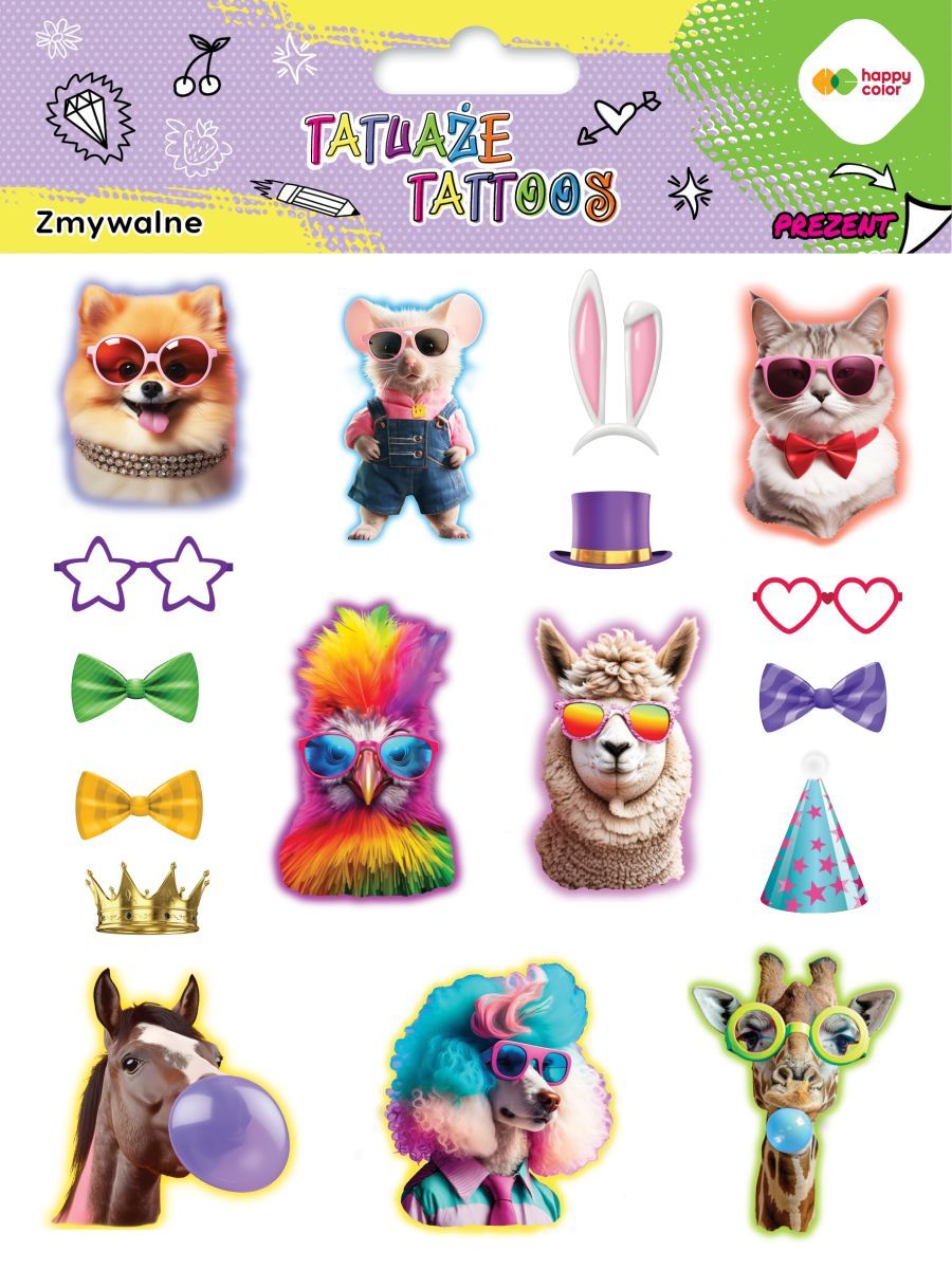 Tatuaże zmywalne Animals Funny 150x200mm Happy Color  HA 4261 1520-KA02 GDD
