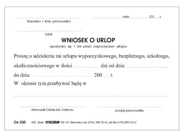 Wniosek o urlop A6 offset K50 (!) Stolgraf