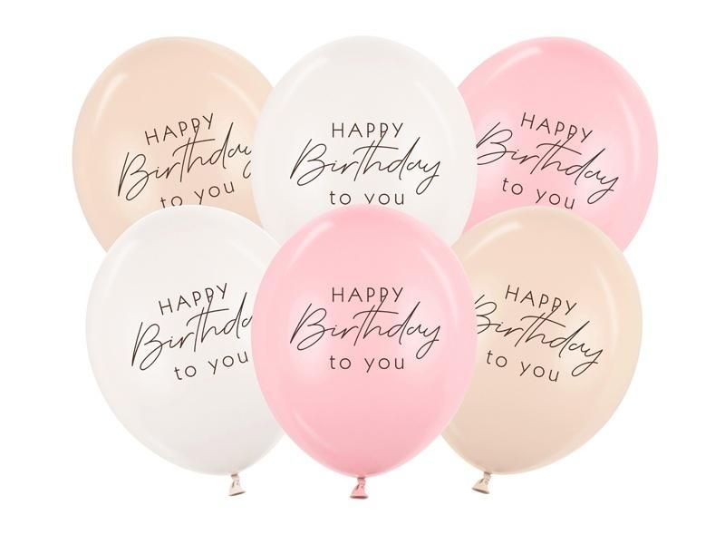 Balony gumowe 30cm Happy Birthday różowe 6szt SB14P-341-081-6 PartyDeco