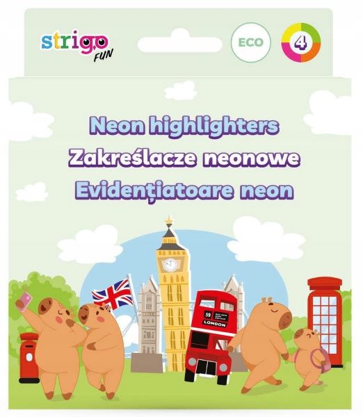 Zakreślacze Strigo eko neon mix z serii Kapibara 4szt WPC