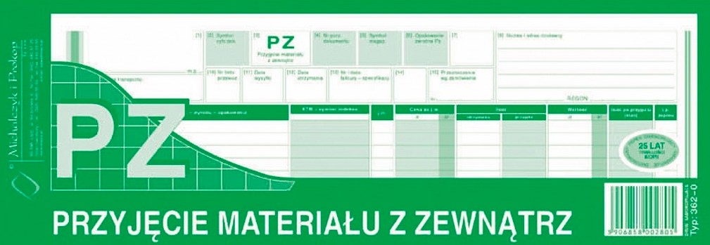 Przyjęcie materiałów z zewnątrz PZ MiP 362-0 1/2 A4