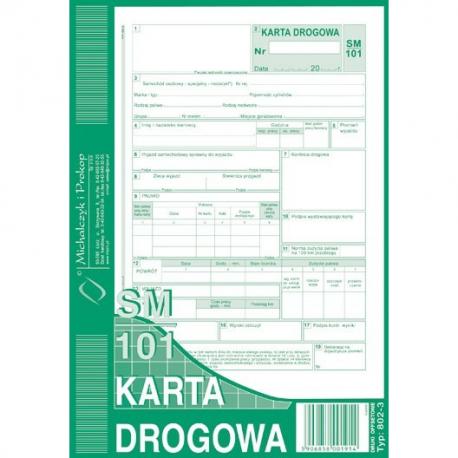 Karta drogowa SM/101 numerowana, samochód osobwy MiP 802-3N  A4