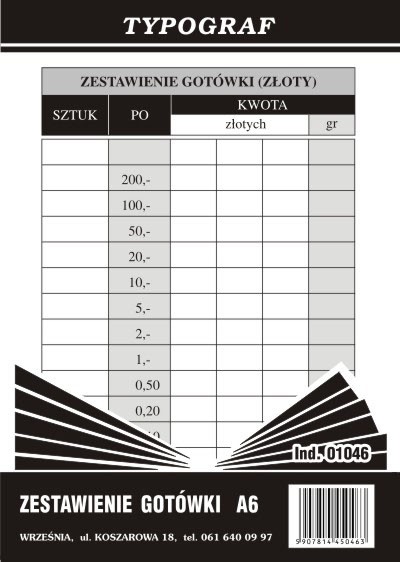 ZESTAWIENIE WPŁ. GOTÓWKI A6 01046 TYPOGRAF
