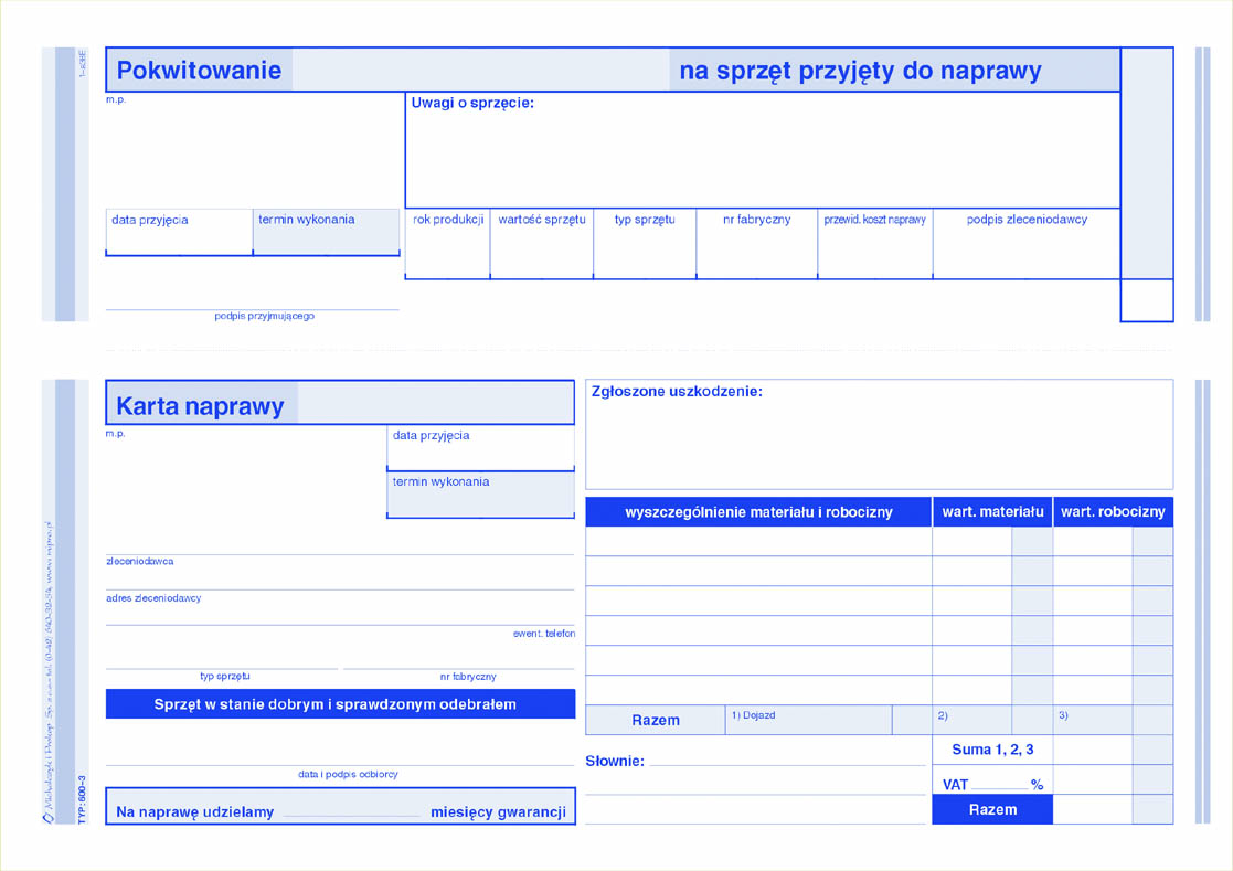 Pokwitowanie - kart naprawy sprzętu przyjętego do naprawy MiP 600-3 A5