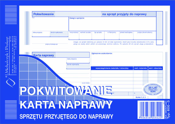 Pokwitowanie - kart naprawy sprzętu przyjętego do naprawy MiP 600-3 A5