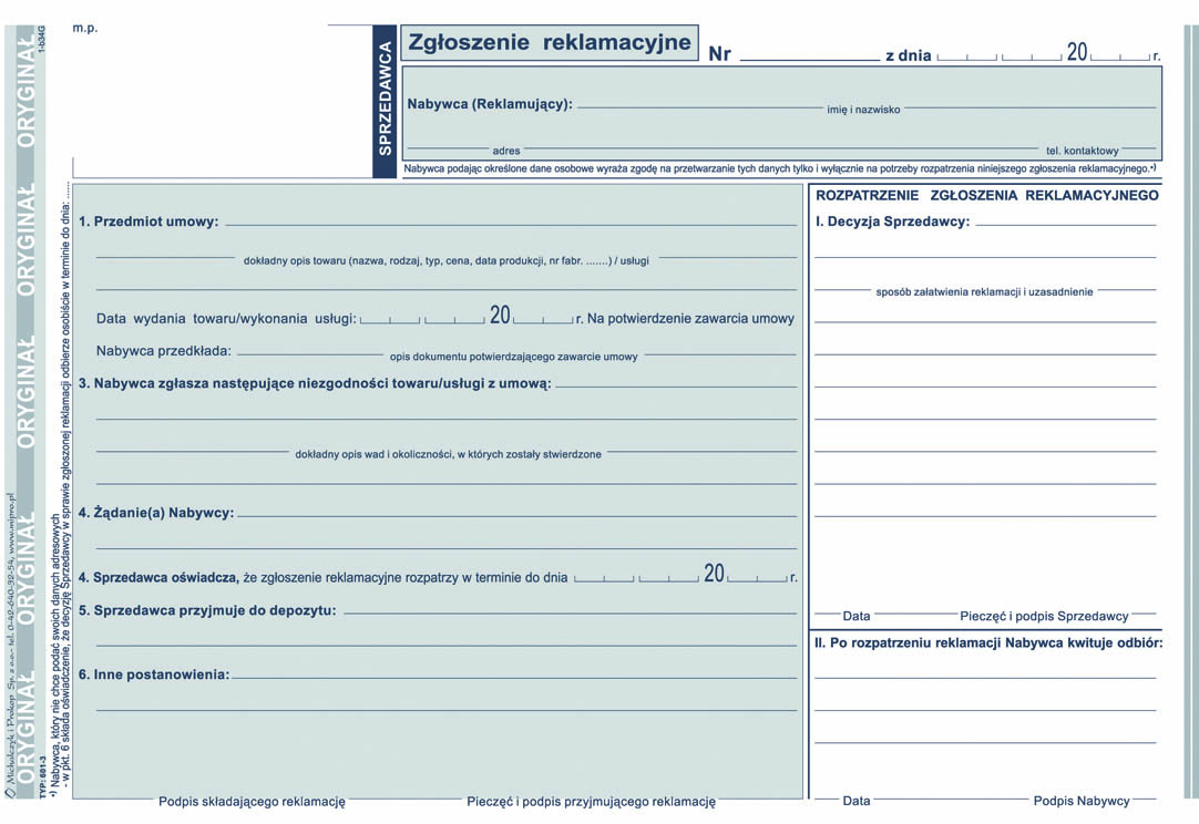 Zgloszenie reklamacyjne Michalczyk&Prokop 601-3 - A5 (oryginał +2 kopie)