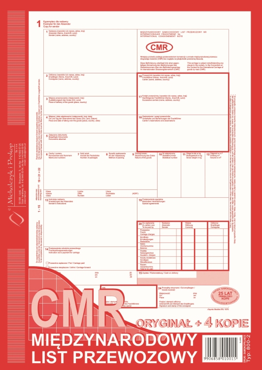 CMR międzynarodowy list przewozowy MiP 800-2 A4 (oryginał+4kopie)