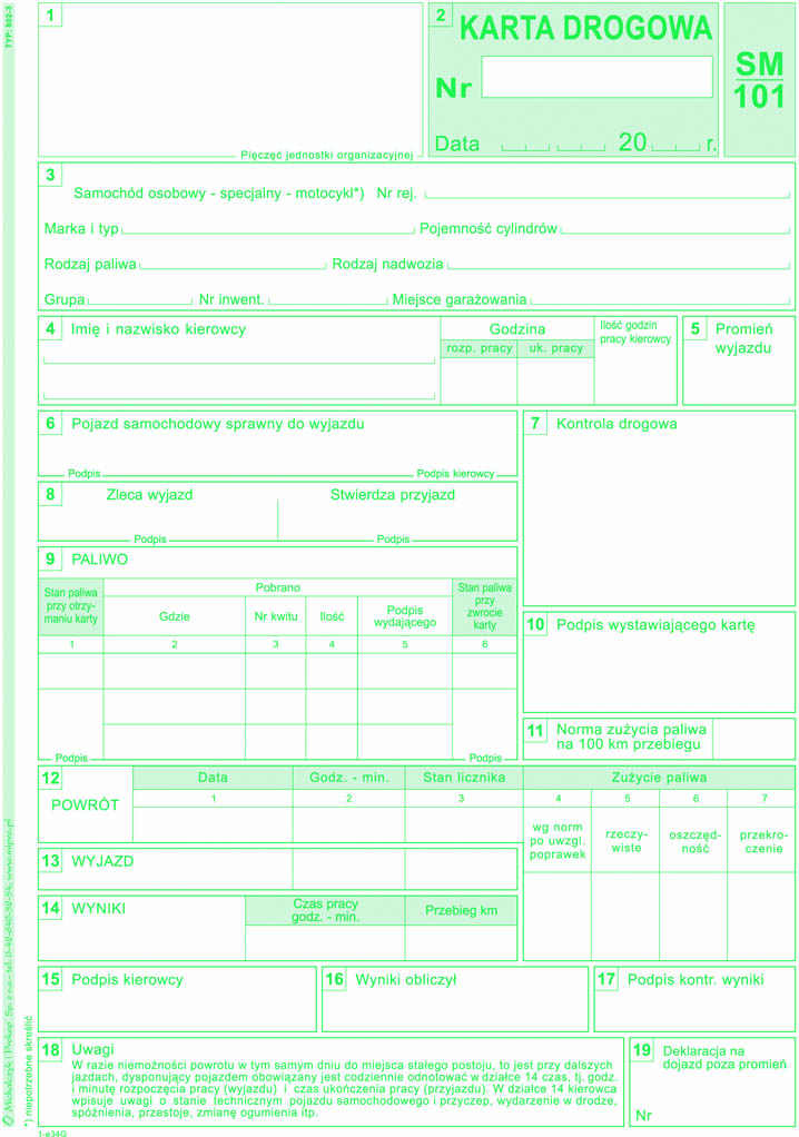 Karta drogowa SM/101 numerowana, samochód osobwy MiP 802-3N  A4