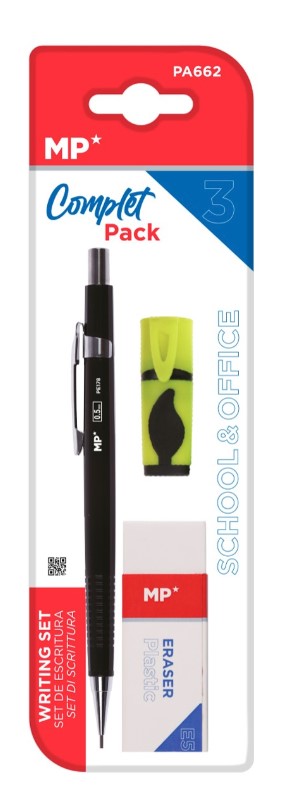 Zestaw biurowy do pisania Ołówek aut. + gumka + zakreślacz  MP