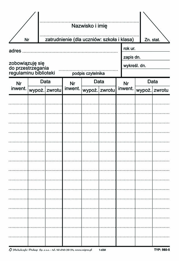 Karta biblioteczna czytelnika 50szt. MiP 980-5 A6
