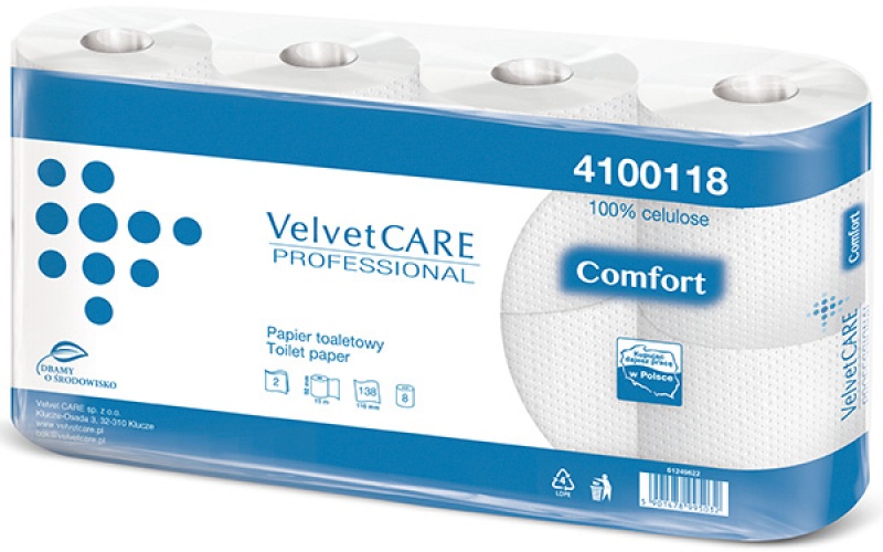 Papier toaletowy Velvet Care Professional, 2-warstwy, 8 rolek, biały