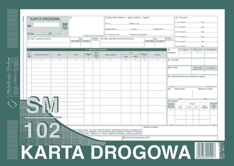 Karta drogowa SM/102 samochód ciężarowy. MiP 801-1 A4