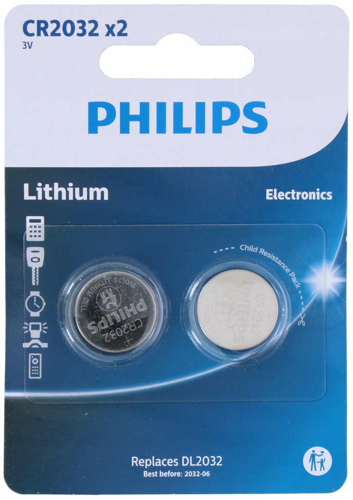 Bateria PHILIPS litowa CR 2032 3V ( 2 szt)  na blistrze