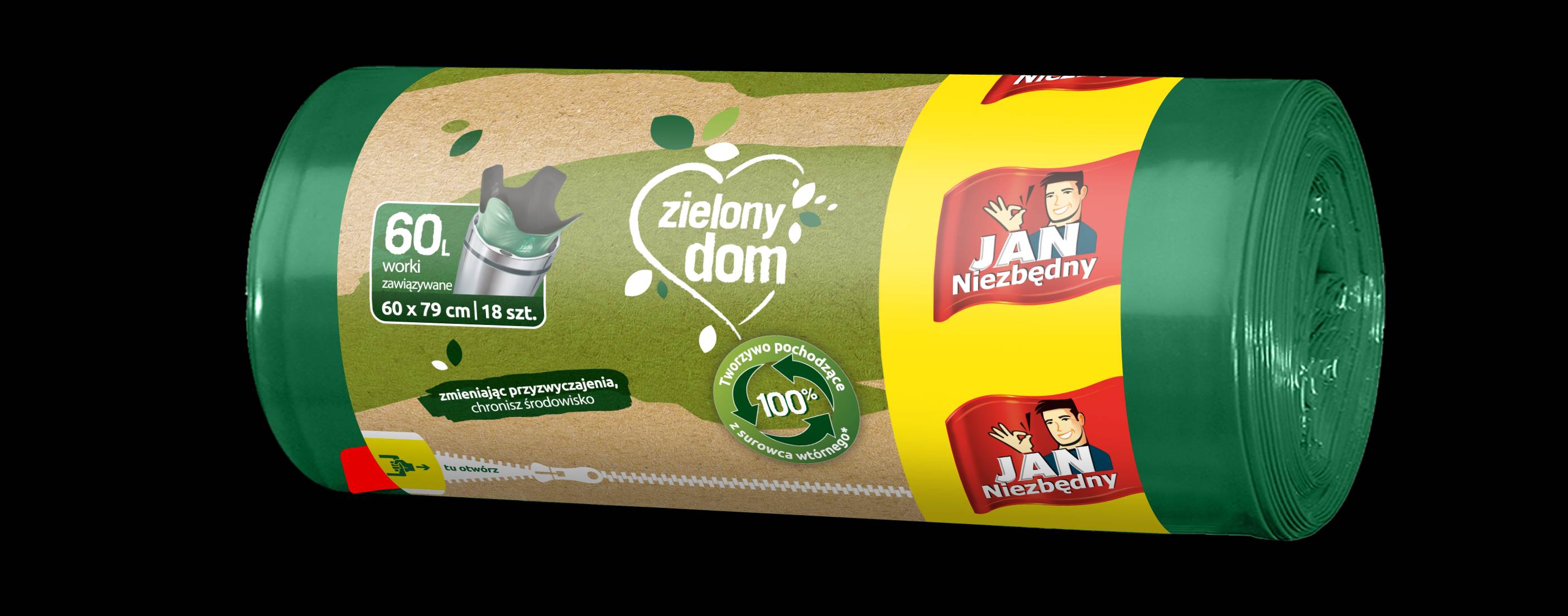 Worki na śmieci Eco Zielony Dom 60l. 18szt. wiązane zielone Jan Niezbędny