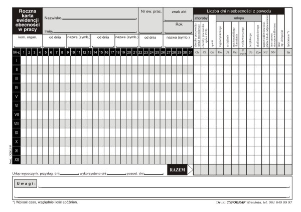 Roczna karta obecności w pracy Typograf A5