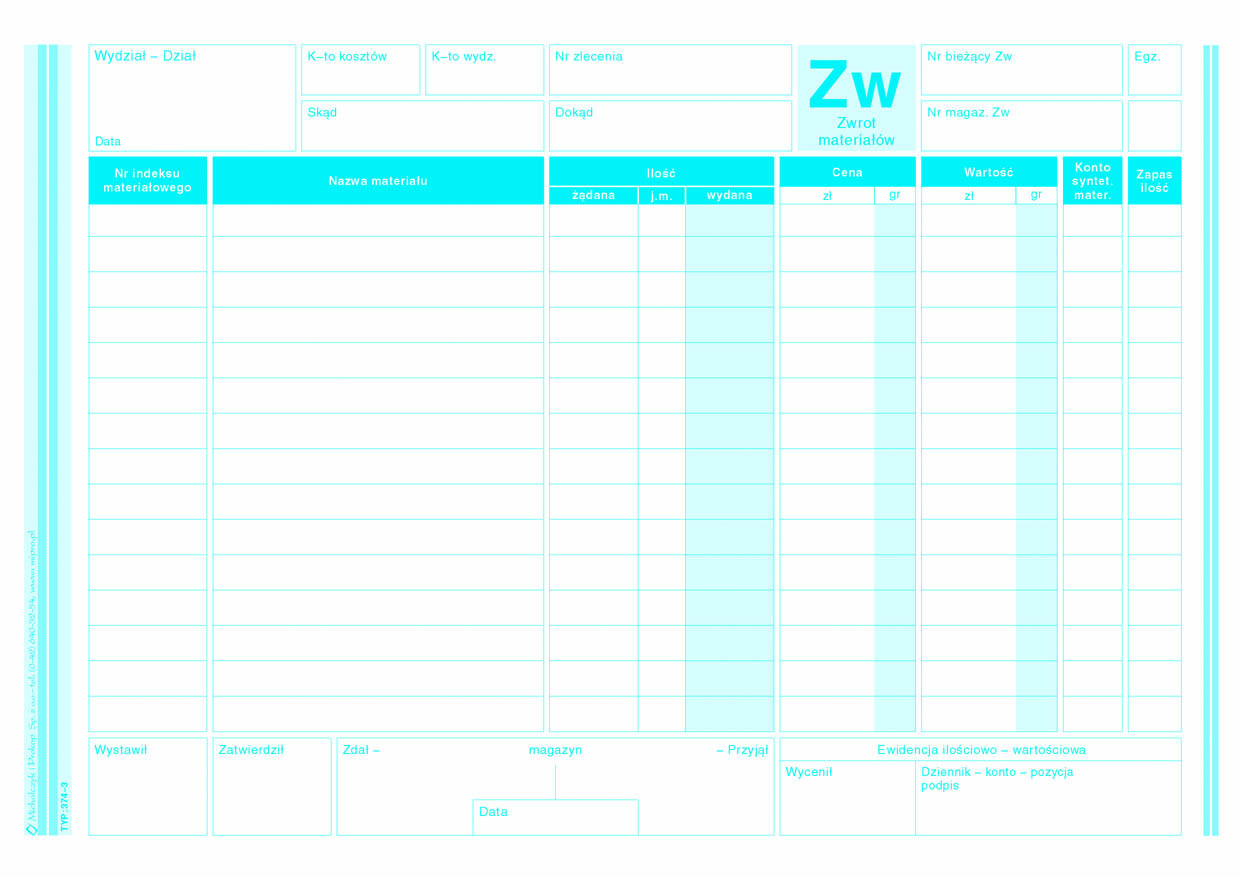 Zwrot materiału ZW MiP 374-3 A5