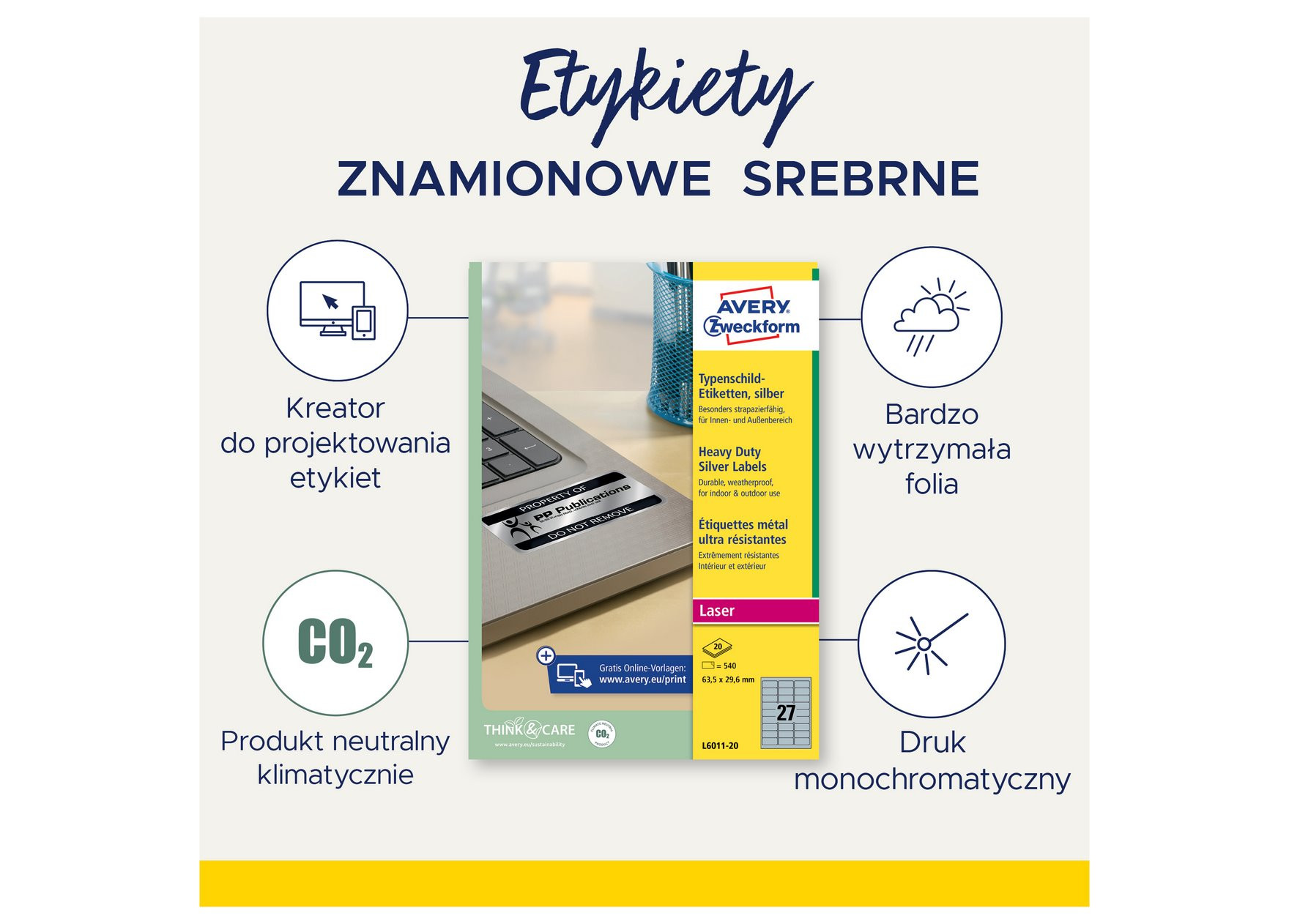 Etykiety znamionowe srebrne Avery Zweckform 63,5x29,6 mm
