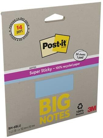 Karteczki samoprzylepne Post-it Recycled Big Notes BN-6BLU niebieskie 152x152mm 1 bloczek 30kartek 8/opak.,100% PEFC 7100404744 3M