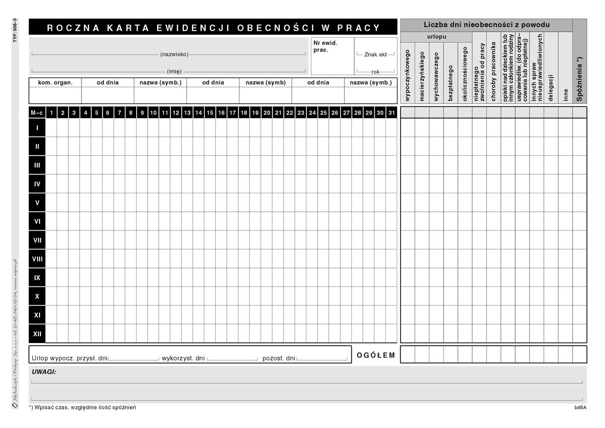 Roczna karta ewidencji obecności w pracy MiP 508-3 A5