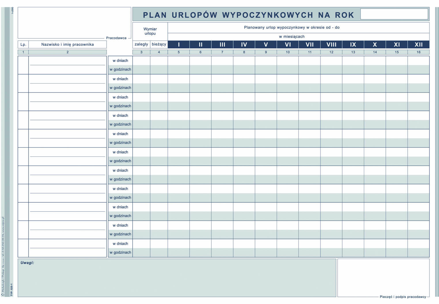 Plan urlopów wypoczynkowych MiP 525-1 A4