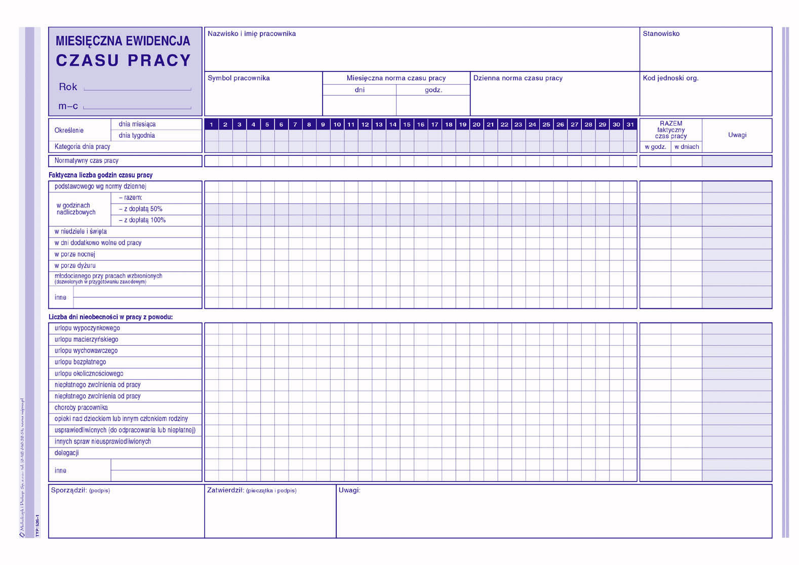 Miesięczna ewidencja czasu pracy MiP 526-1 A4