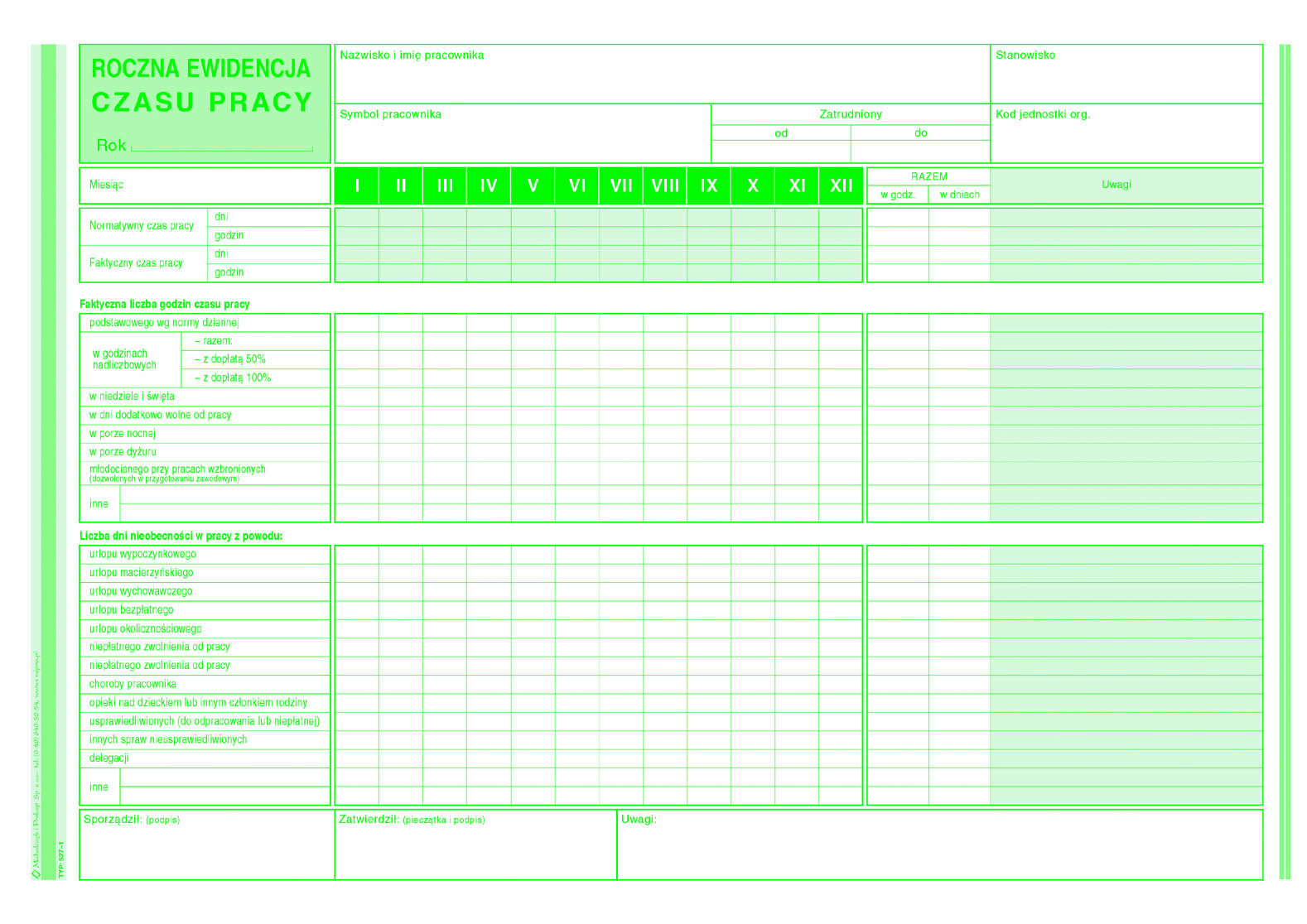 Roczna ewidencja czasu pracy MiP 527-1 A4