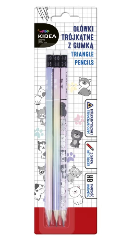 Ołówki trójkątne z gumką z patelowym nadrukiem 3szt Kidea Derform