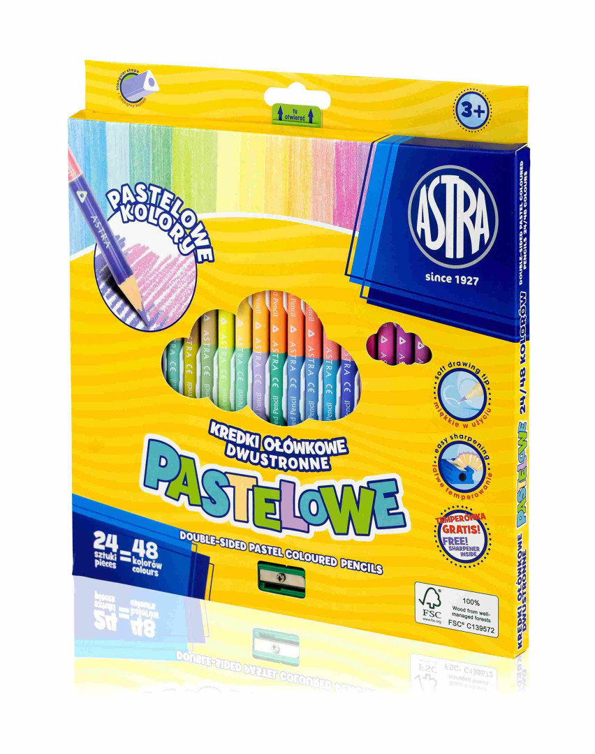 Kredki ołówkowe dwustronne pastelowe 24szt/48kol Astra