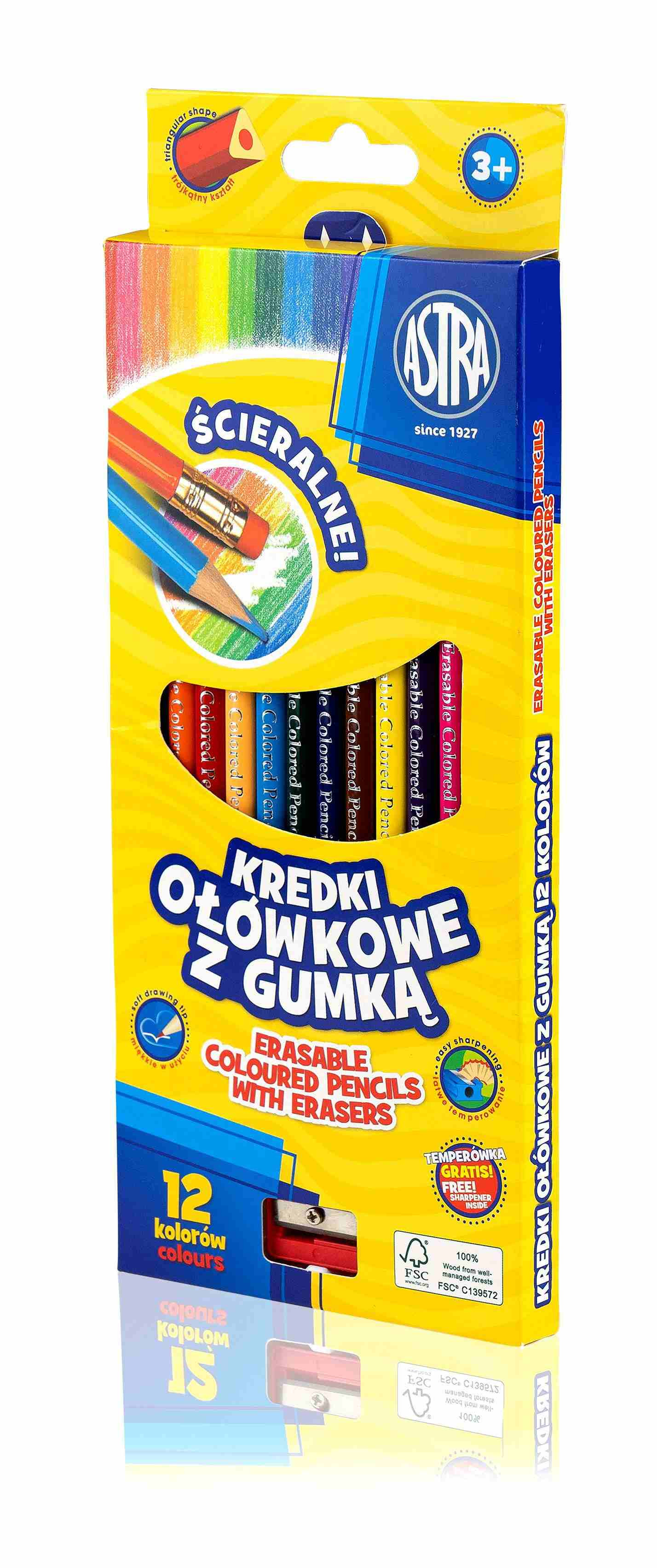 Kredki ołówkowe z gumką 12 kolorów Astra