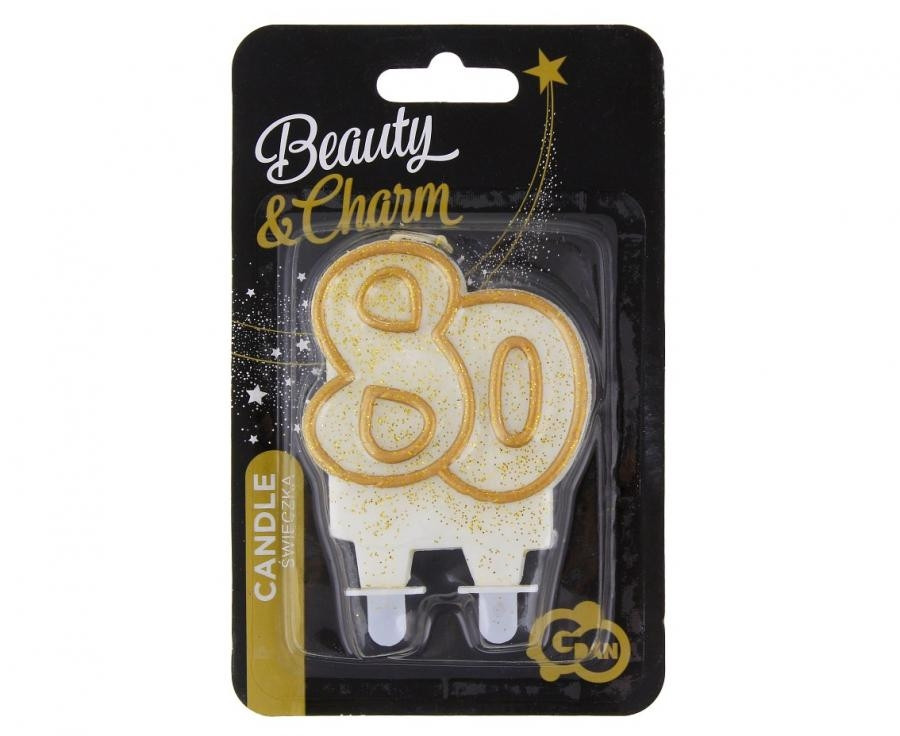 Świeczka cyferka ,,80" złoty kontur 8cm GoDan