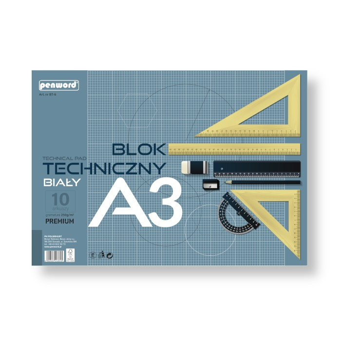 Blok techniczny A3/10 biały 250g Premium Polsirhurt