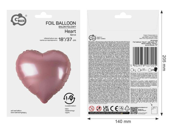 Balon foliowy Serce j. różowe 18" HS-S18JR GoDan