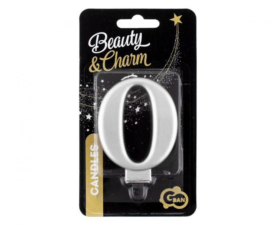 Świeczka cyferka 0, metalik srebrna 8cm GoDan