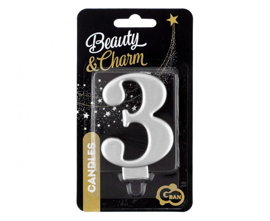 Świeczka cyferka 3, metalik srebrna 8cm GoDan