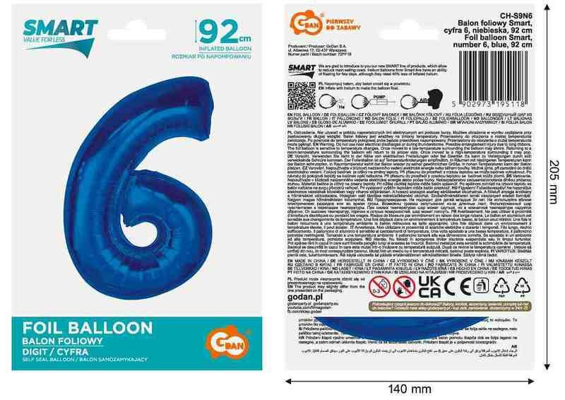 Balon foliowy Smart cyfra 6 niebieska 92cm AA CH-S9N6 GoDan