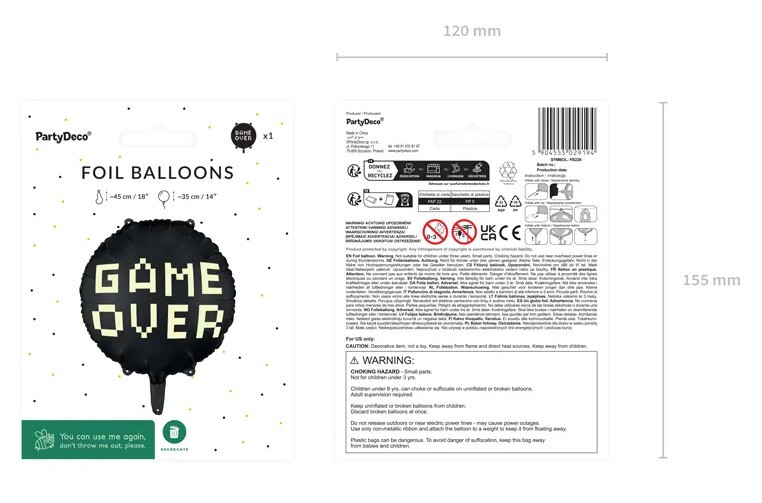 Balon foliowy Game over 45cm czarny FB226 PartyDeco