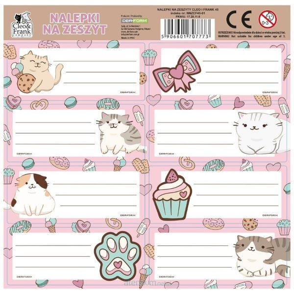 Nalepki na zeszyt Cleo i Frank 45 Kot NNZCF45 Derform