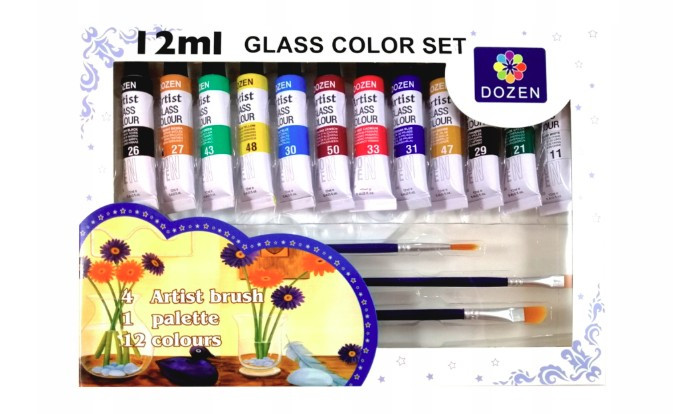Farby do szkła 12 kolorów z 4 pędzelkami i paletką do farb po 12ml w tubce 901976 KTW