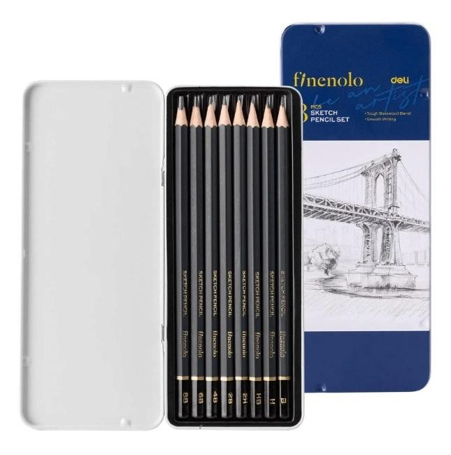 Ołówki do szkicowania DELI seria Finenolo zestaw 8szt w metalowym opak.