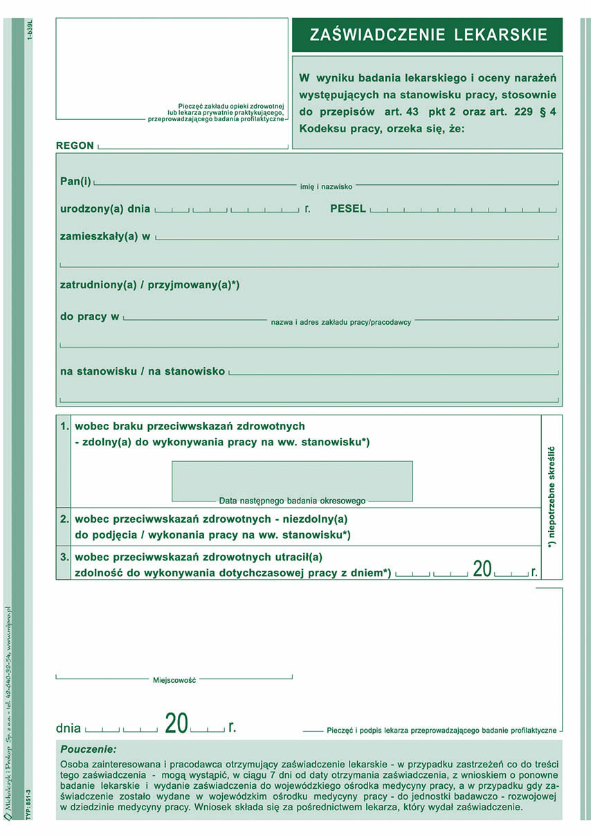 Orzeczenie lekarskie Typ-1 MiP 851-3 A5