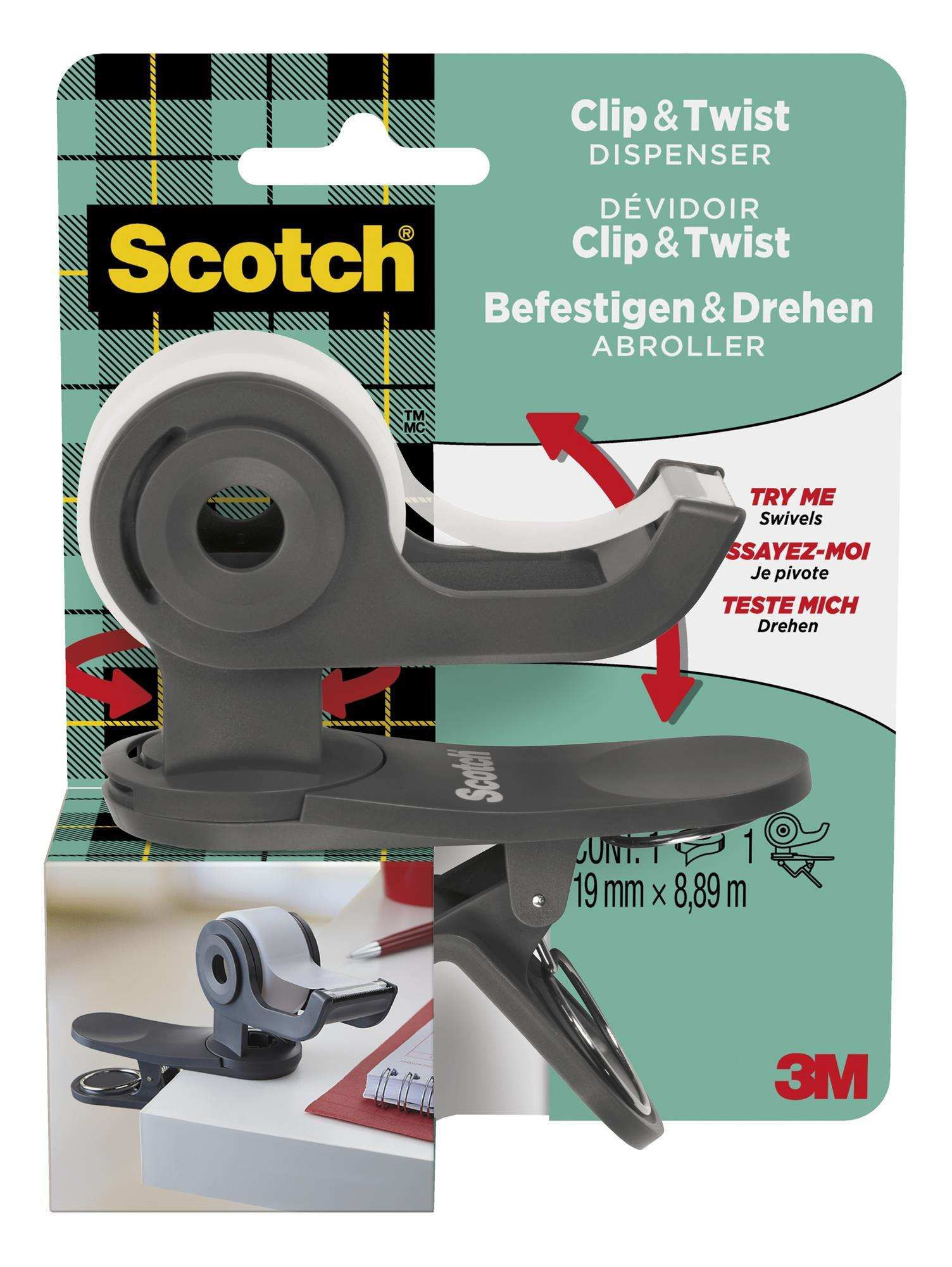 Dyspenser 3M Scotch Clip&Twist obrotowy szary + taśma Magic 19 mm x 8,89 m