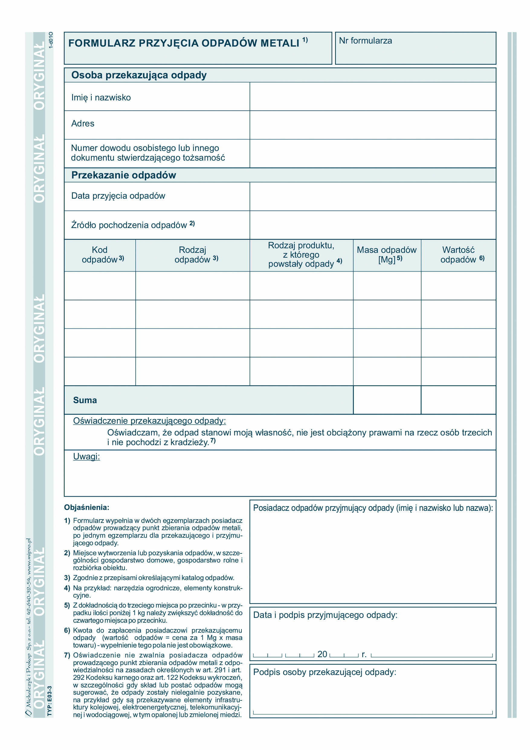 Formularz przyjęcia odpadów metali MiP E03-3 A5