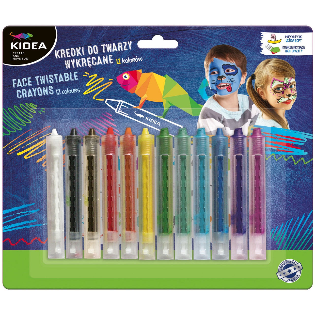 Kredki do twarzy wykręcane 12 kolorów Kidea