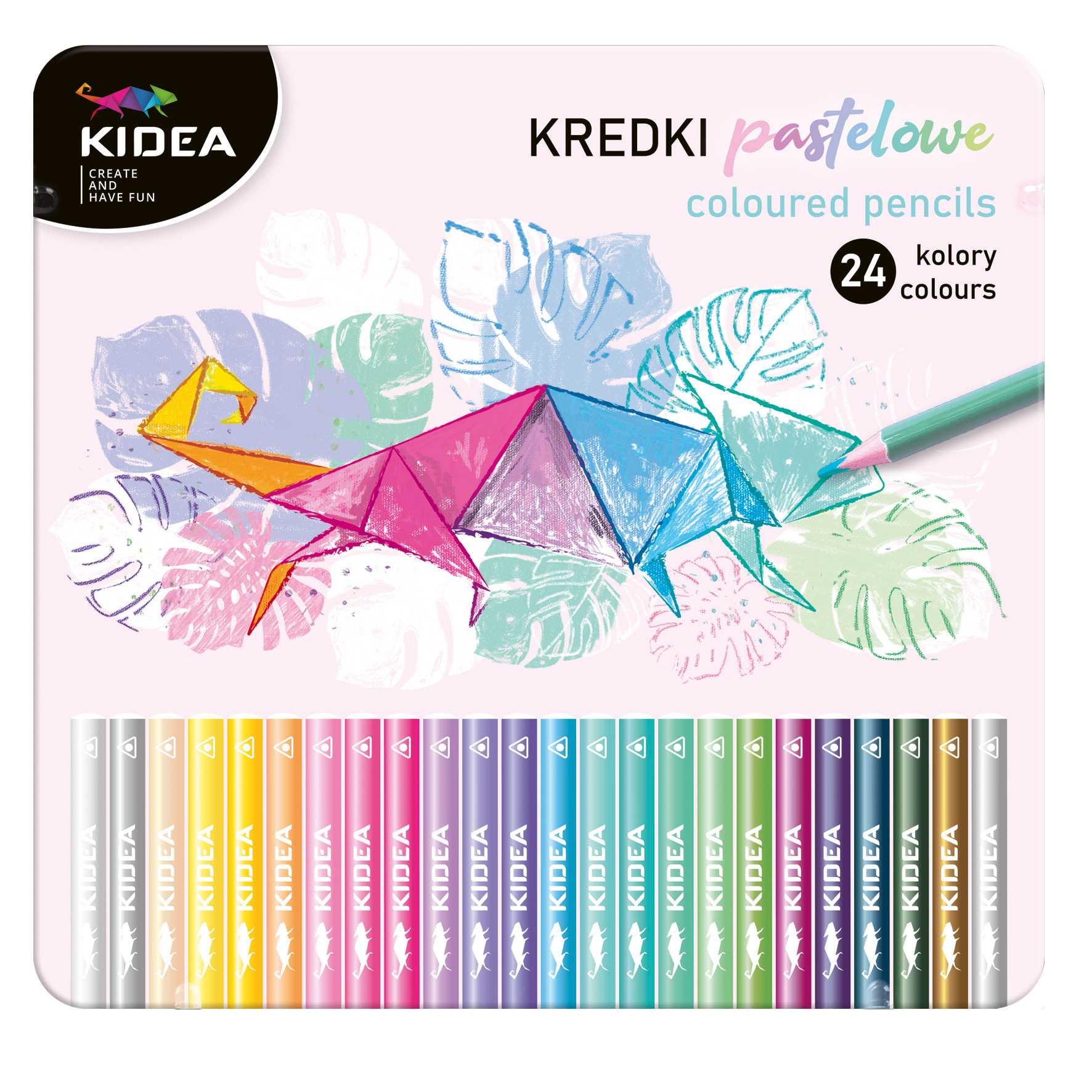 Kredki pastelowe trójkątne 24 kol. metalowe pudełko Kidea