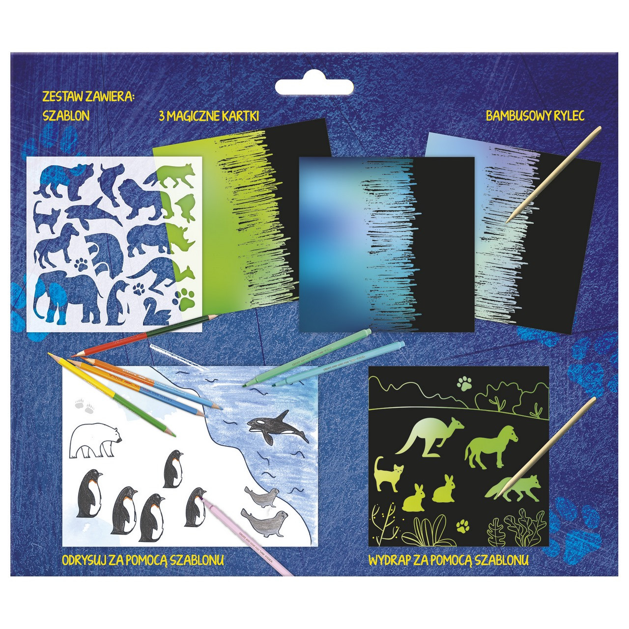 Wydrapywanka - 3 arkusze z szablonem Zwierzęta - KIDEA