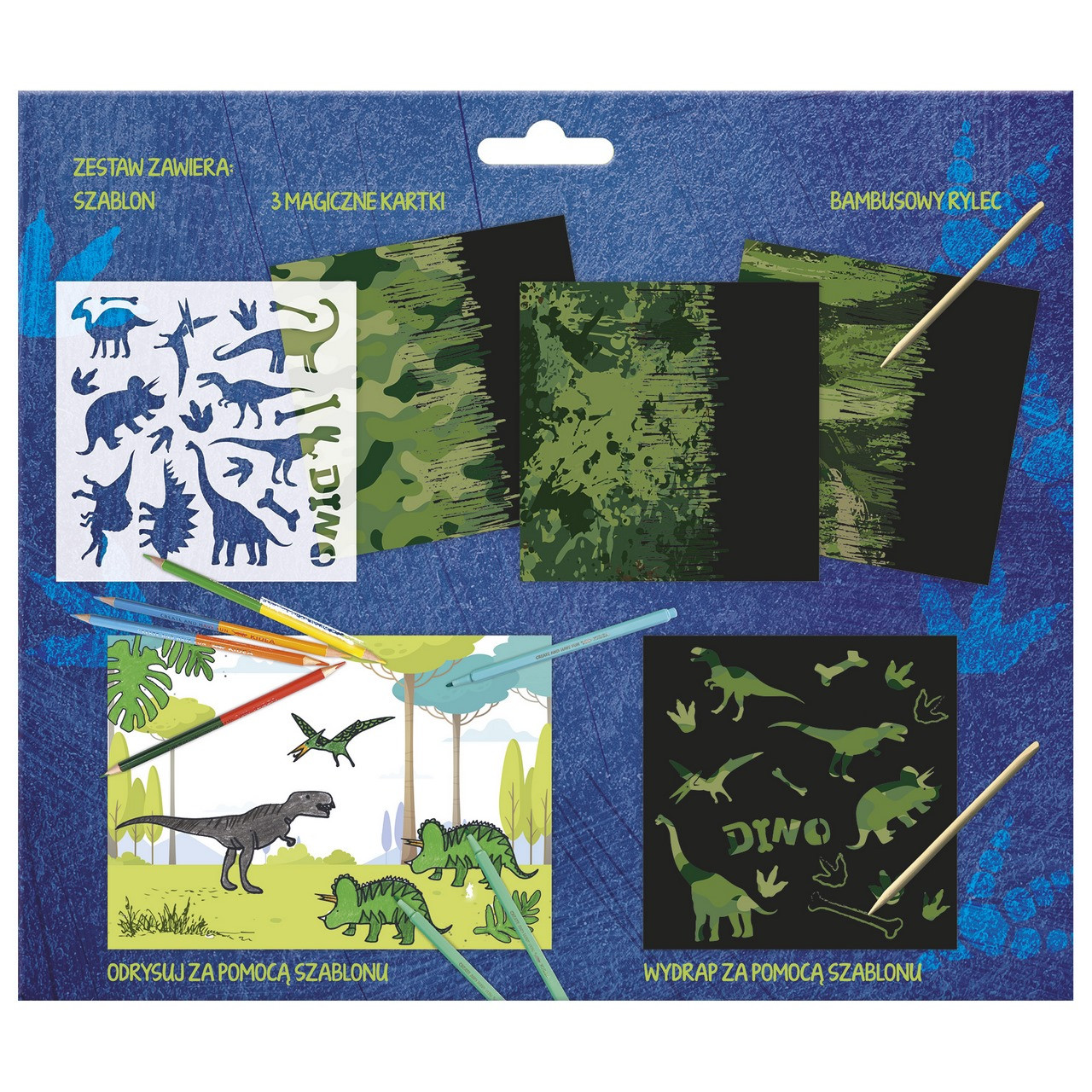 Wydrapywanka - 3 arkusze z szablonem Dinozaury - KIDEA