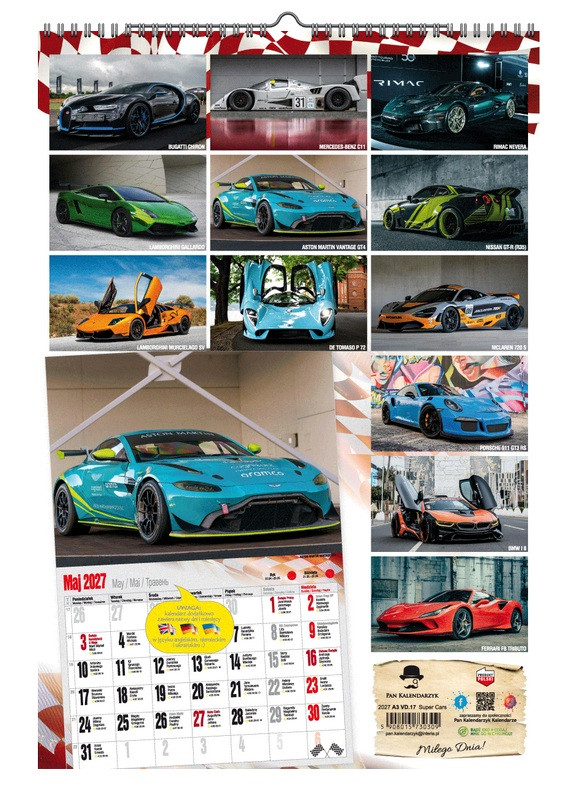 Kalendarz A3 VD.17 Super Cars Pan Kalendarzyk